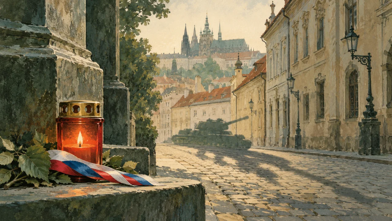 Ilustrace vzpomínkové svíčky, trikolóry a stínu tanku v pražské ulici.