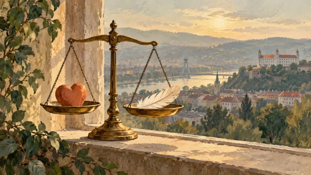Ilustrace vah se srdcem a pírkem, s Bratislavou v pozadí.