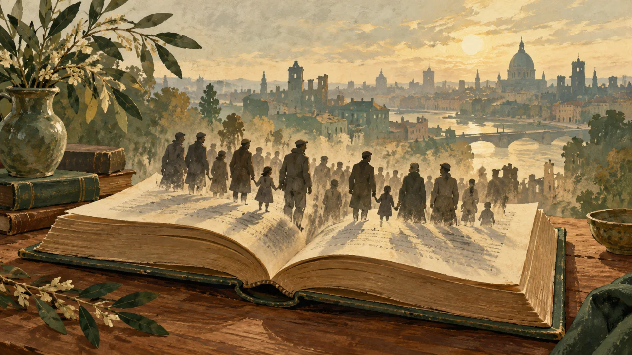 Ilustrace otevřené knihy s postavami lidí a městem v pozadí.