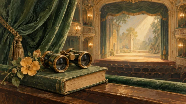 Ilustrace divadelního kukátka na knize před osvětleným jevištěm.