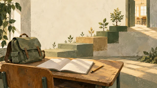 Ilustrace školní lavice a schodů symbolizujících roky vzdělávání.