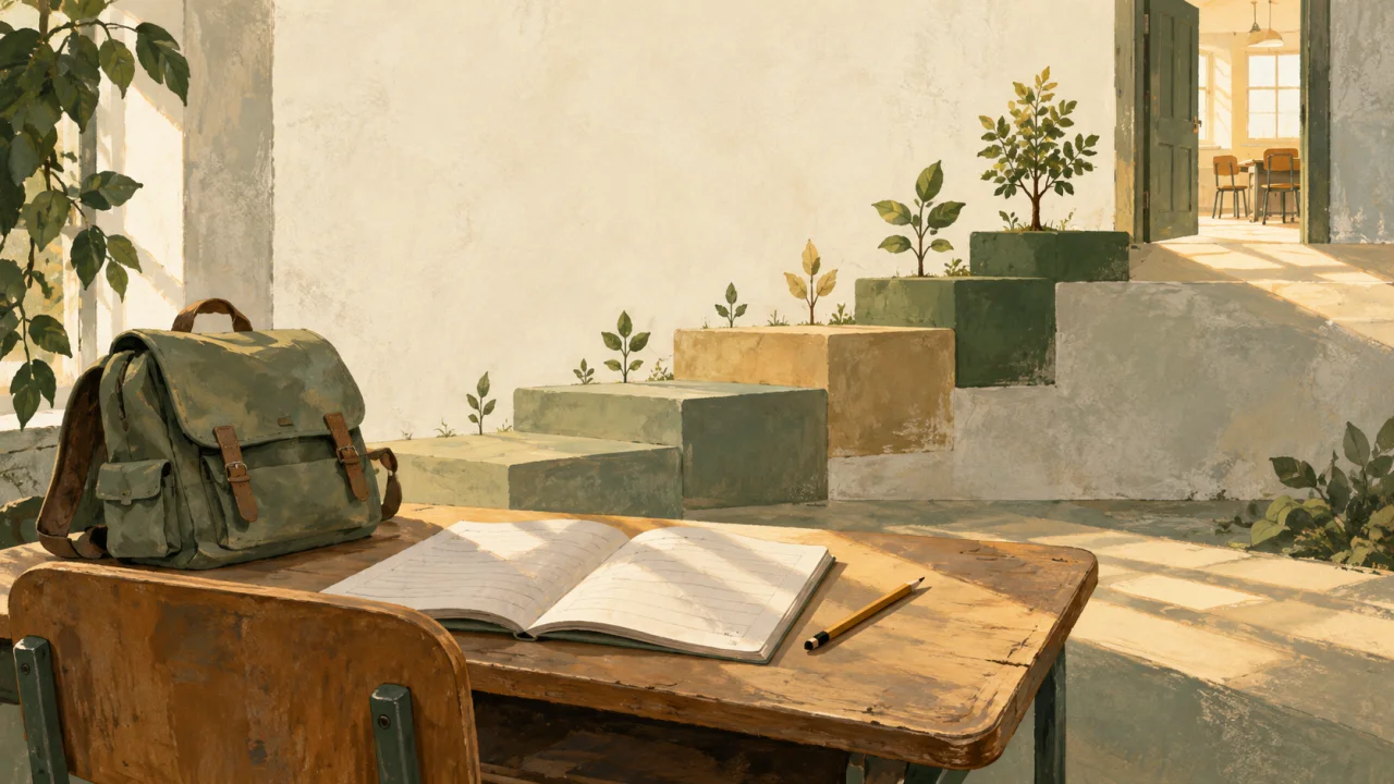 Ilustrace školní lavice a schodů symbolizujících roky vzdělávání.