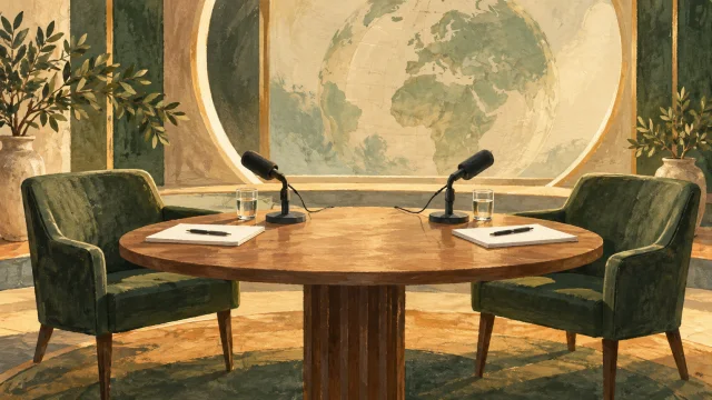 Ilustrace dvou mikrofonů u kulatého stolu připraveného k debatě.