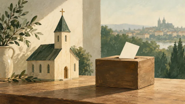 Ilustrace kostela a volební urny ve světle okna.