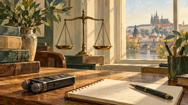 Ilustrace novinářského diktafonu a vah spravedlnosti.